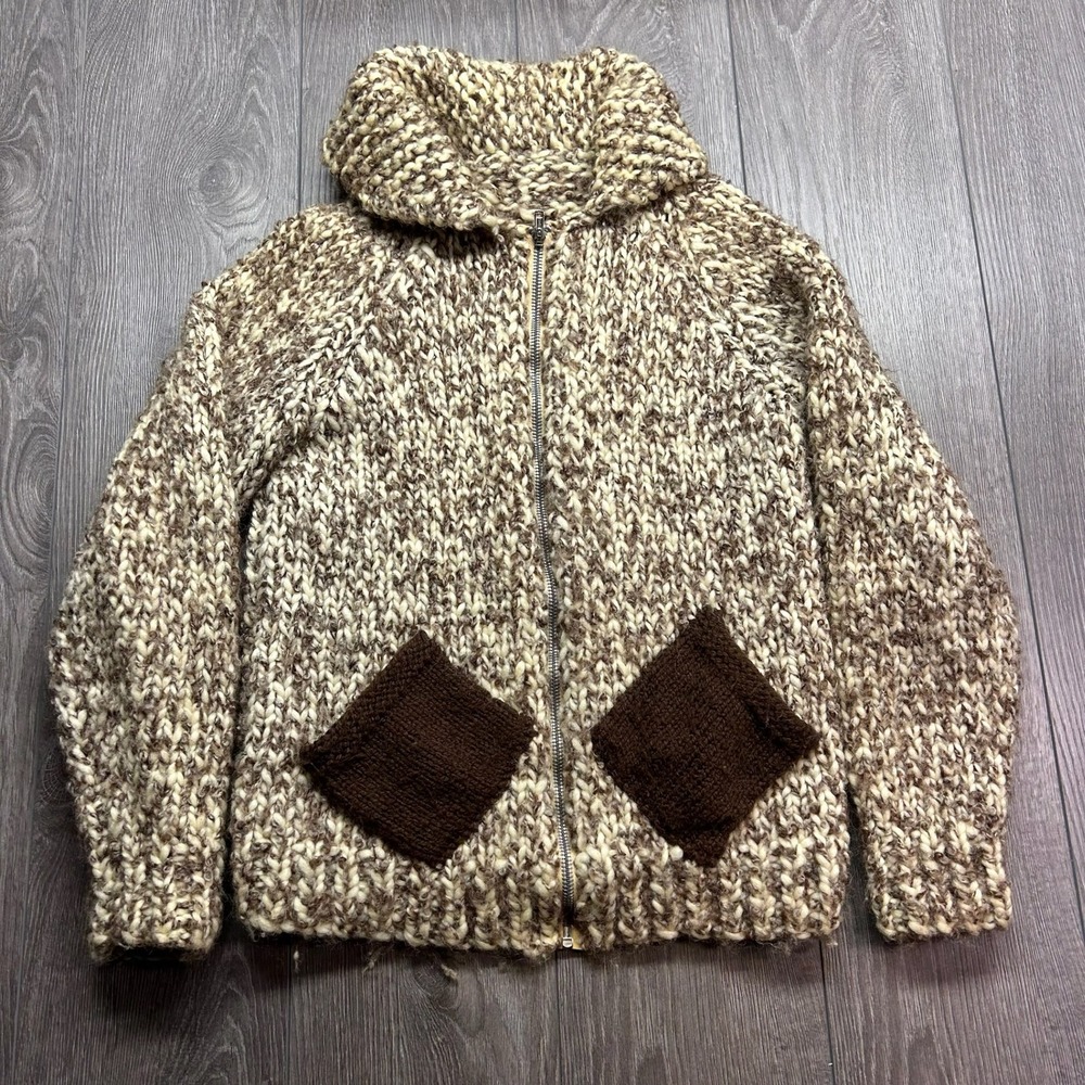 Vintage 1960s Hand Knit Wool Cowichan Style Zipper Cardigan Sweater Brown Medium